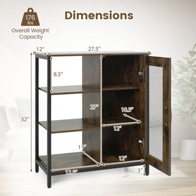 Industrial Side Cabinet with Metal Mesh Door and 3 Open Shelves-Rustic Brown