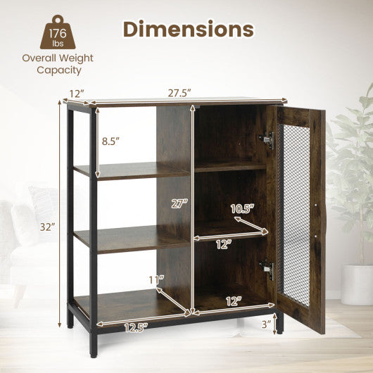 Industrial Side Cabinet with Metal Mesh Door and 3 Open Shelves-Rustic Brown