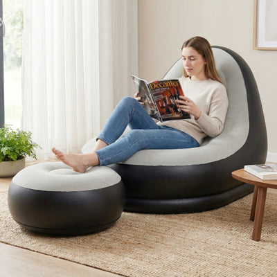 Inflatable Lounge Sofa with Ottoman Portable Air Sofa for Adults with Flocked Surface-Grey