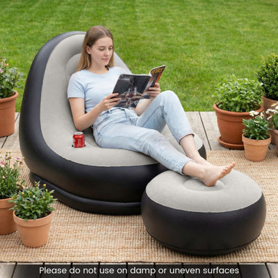 Inflatable Lounge Sofa with Ottoman Portable Air Sofa for Adults with Flocked Surface-Grey