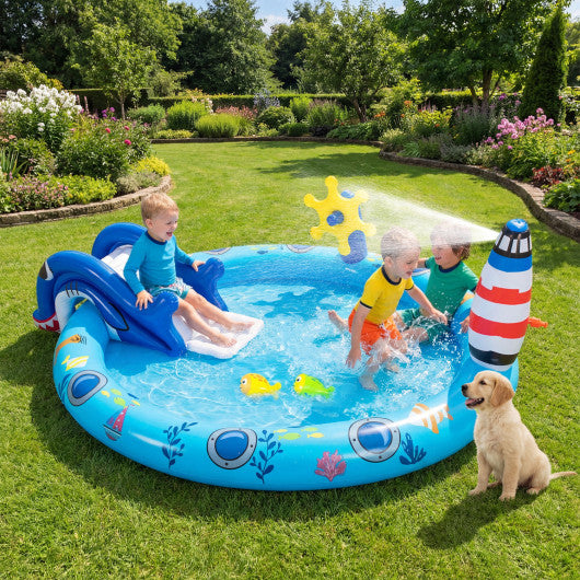 Inflatable Play Center Marine Life Spray Pool with Shark-shaped Slide Lighthouse Sprinkle