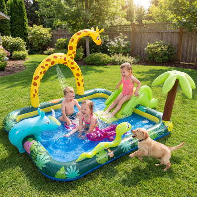 Inflatable Play Center Jungle Animal Spray Pool with Slide Giraffe-shaped Sprinkle