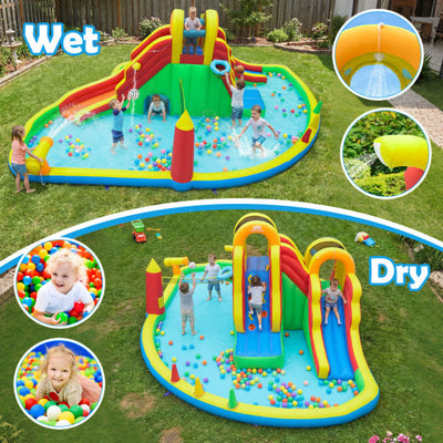 Inflatable Water Slide Park with 2 Long Slides and 750W Air Blower