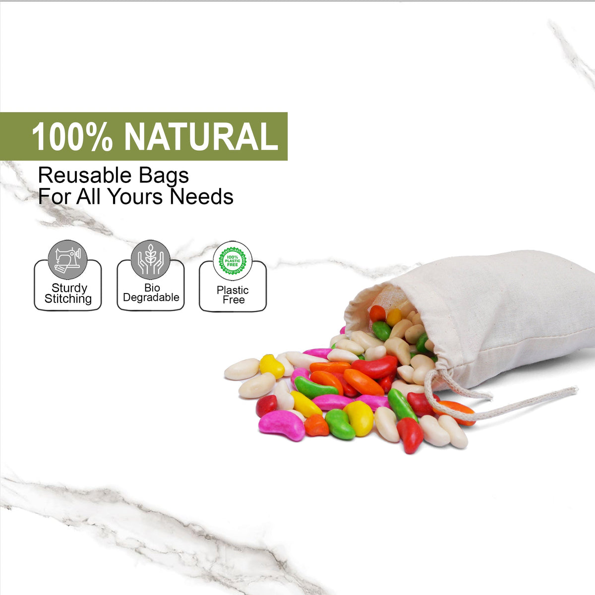 8x10 Inches Reusable Eco-Friendly Cotton Single Drawstring Bags Natural Color