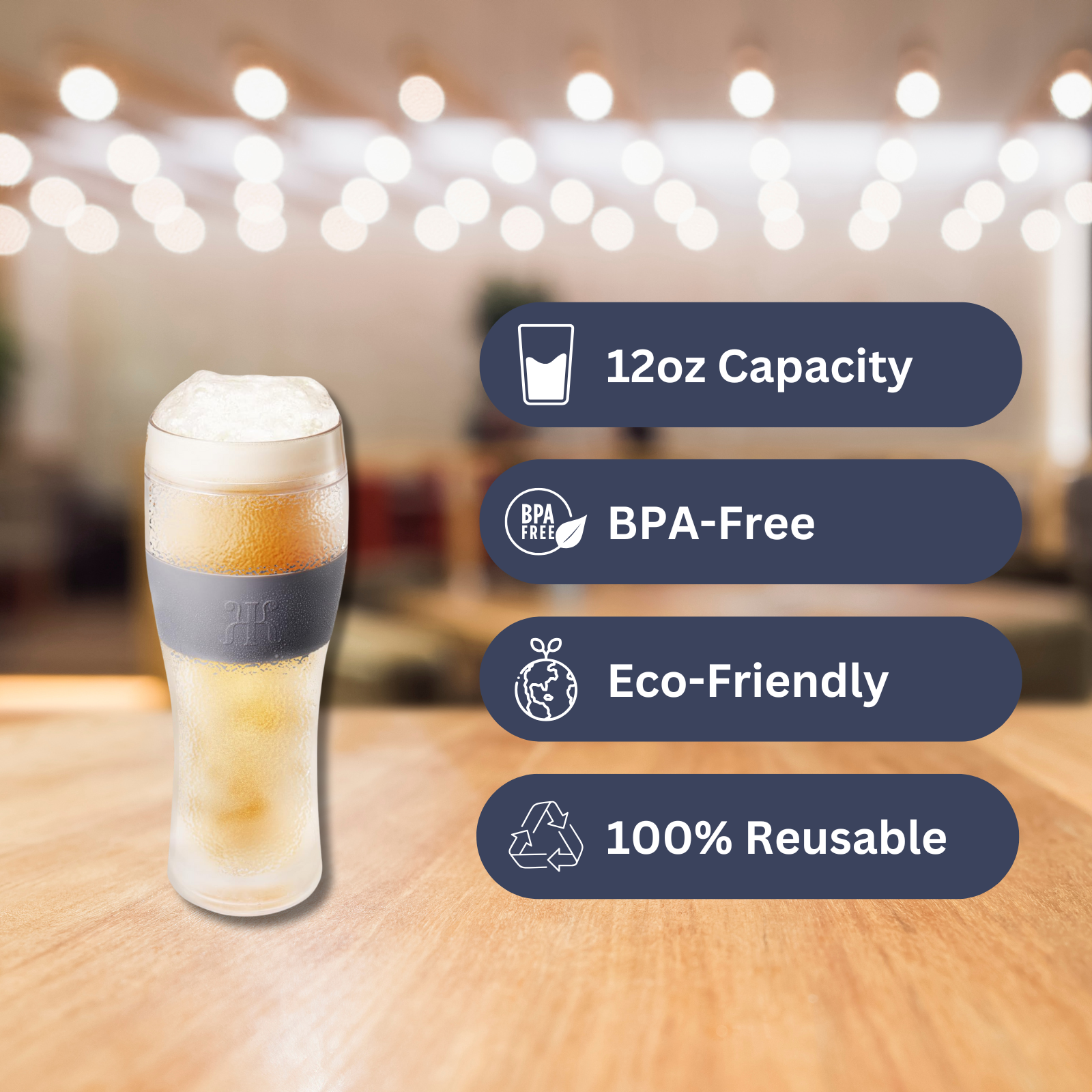 Unbreakable Double Wall Insulated Freezable Beer Glasses - SINGLE - Large 12 oz Reusable Pilsner Shatterproof Tritan Glass, Upside Down Bottle Design, Pub Mug, For Beer Lover, Picnic Indoor & Outdoor