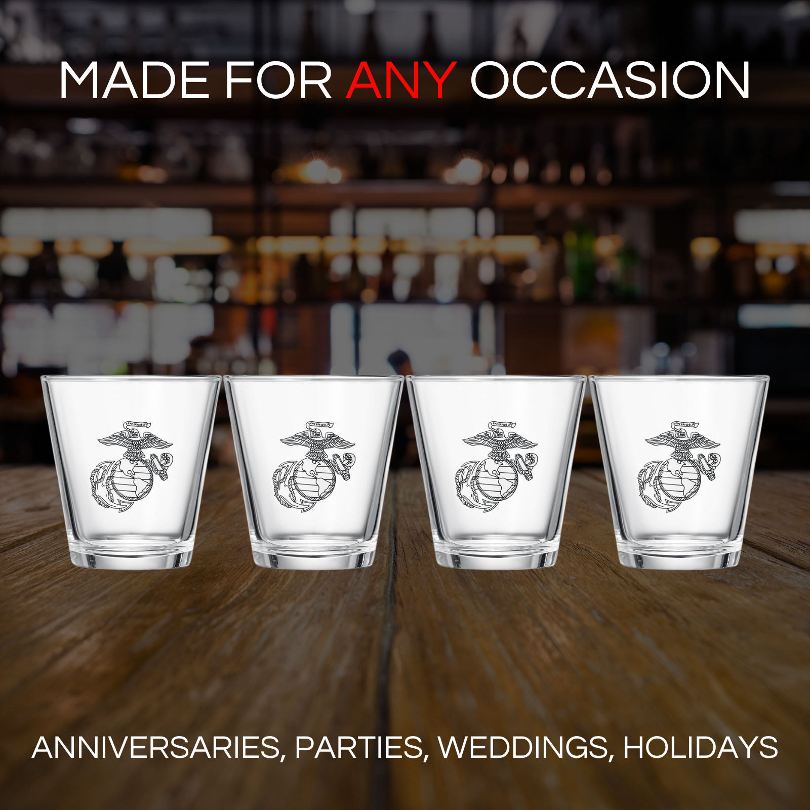 Marine USMC Whiskey & Wine Glasses Set of 4, Anchor and Globe Whiskey Glasses 10oz Marines Gift