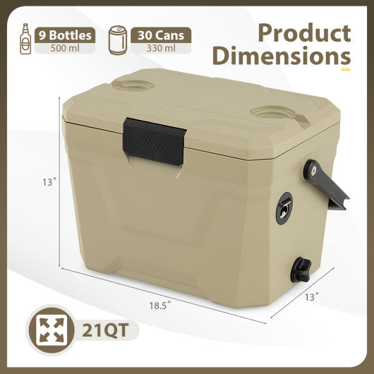 Insulated Portable Cooler Hard Shell Ice Chest with 2 Cup Holders-Sand Color