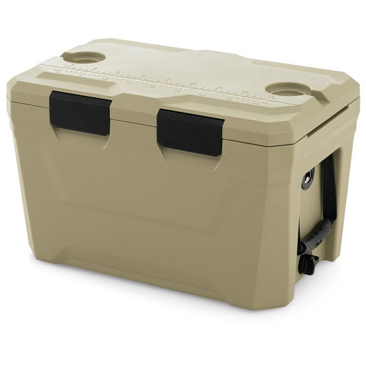 Insulated Portable Cooler Hard Shell Ice Chest with 2 Cup Holders Bottle Opener and Drain Plug-Sand Color