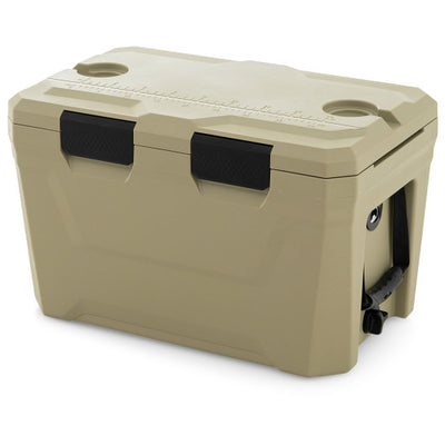 Insulated Portable Cooler Hard Shell Ice Chest with 2 Cup Holders Bottle Opener and Drain Plug-Sand Color