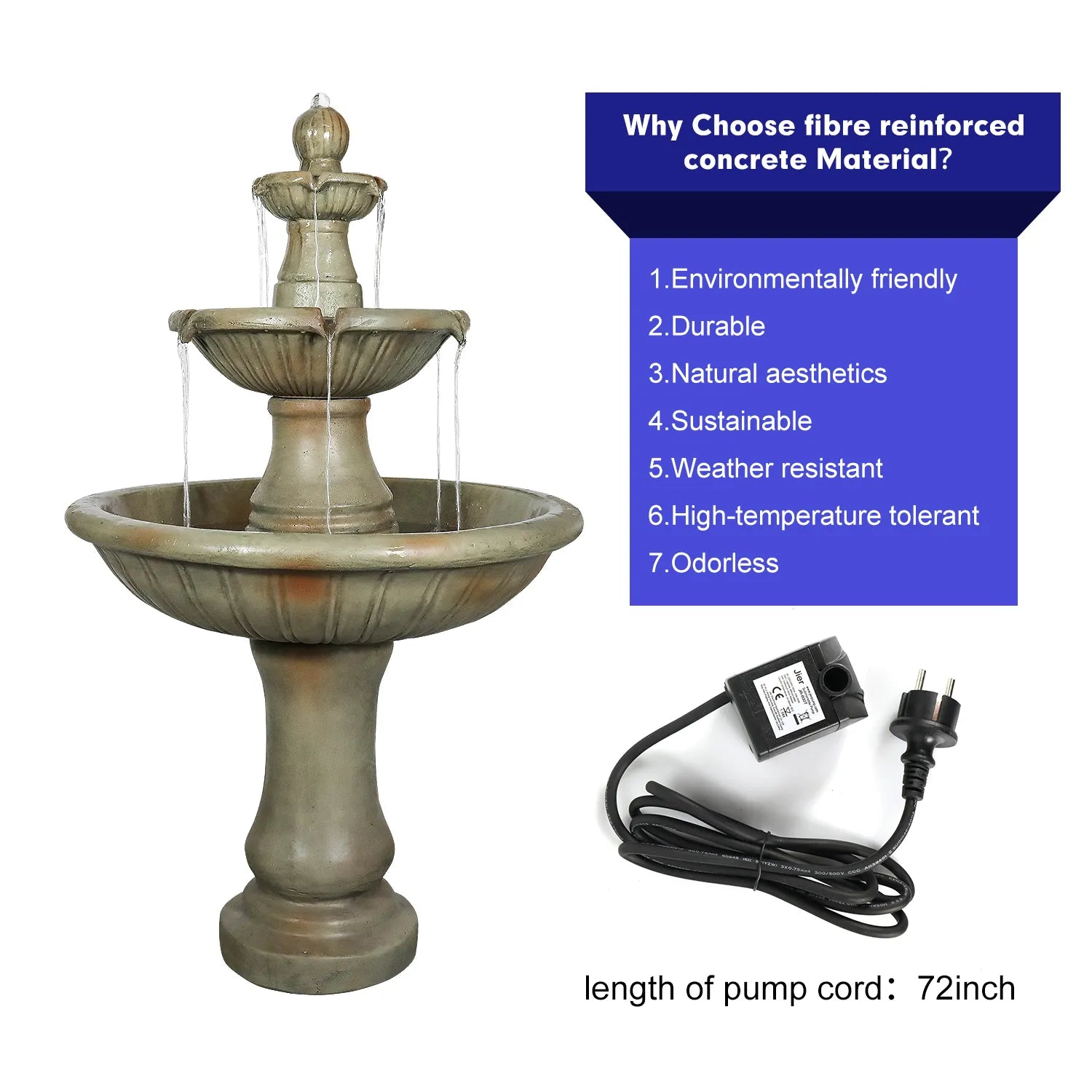 Concrete Fluted 3 Tier Outdoor Water Fountain 51 Inch