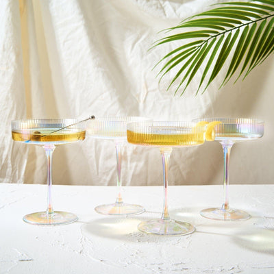 Ribbed Coupe Cocktail Glasses 8 oz | Set of 4 | Classic Manhattan Glasses For Cocktails, Champagne Coupe, Ripple Coupe Glasses, Art Deco Gatsby Vintage, Crystal with Stems (Iridescent)