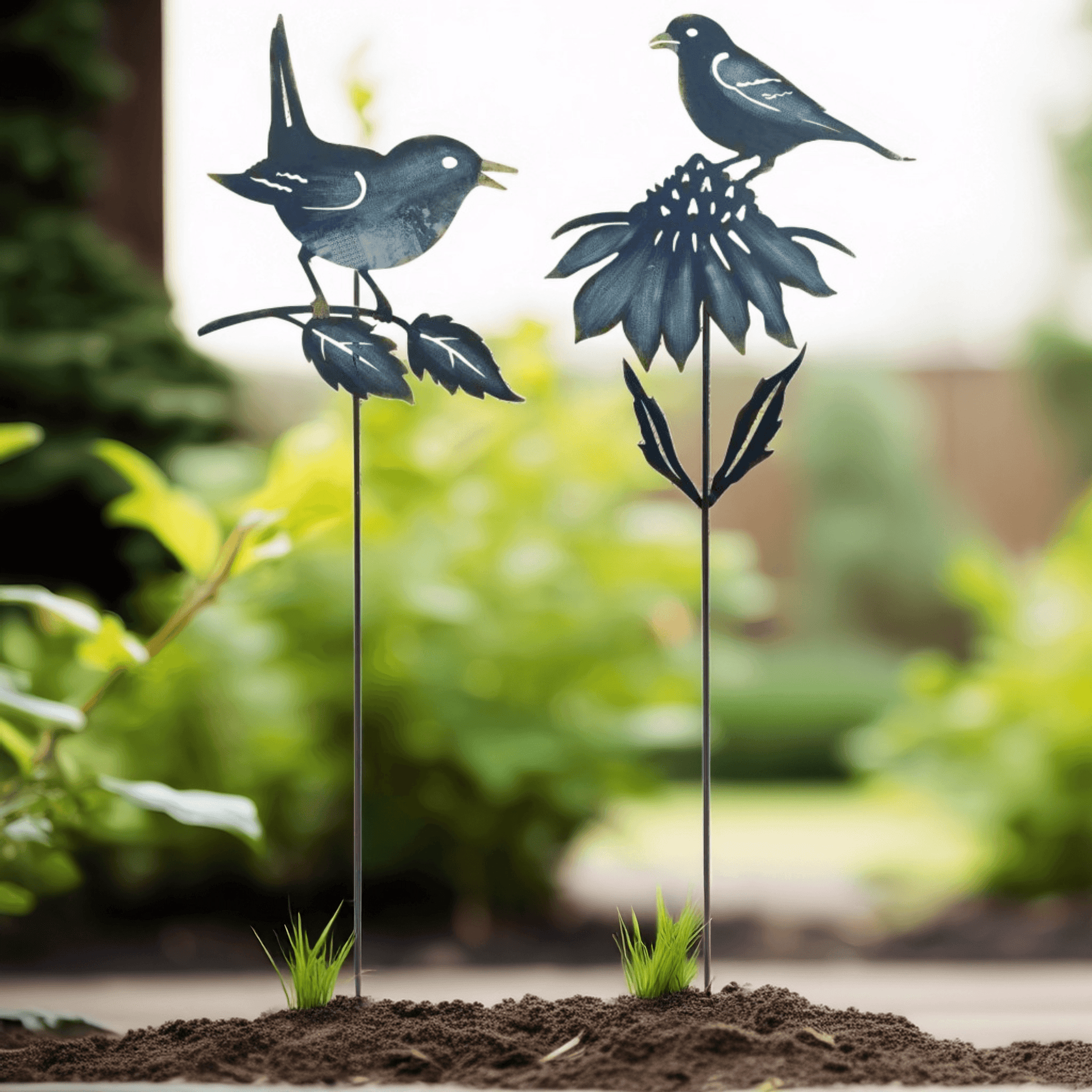 Set of 2 Iron Bird Cut Out and Flower Garden Stakes