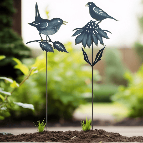 Set of 2 Iron Bird Cut Out and Flower Garden Stakes