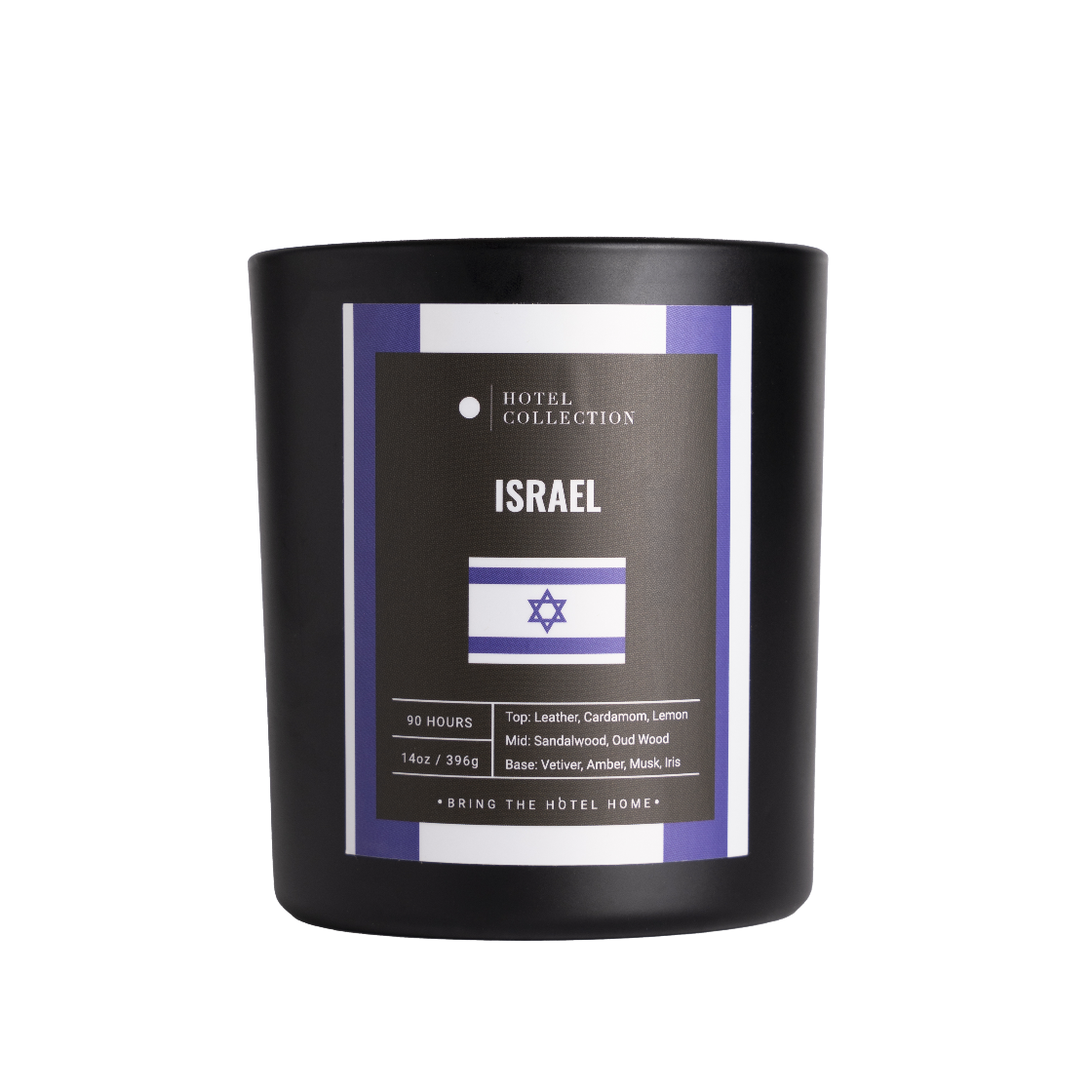 Black candle with 'Israel' label featuring the Israeli flag on a white background