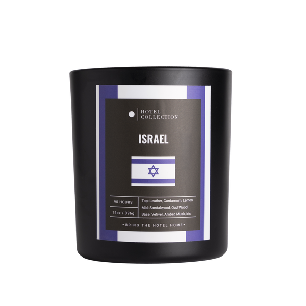 Black candle with 'Israel' label featuring the Israeli flag on a white background
