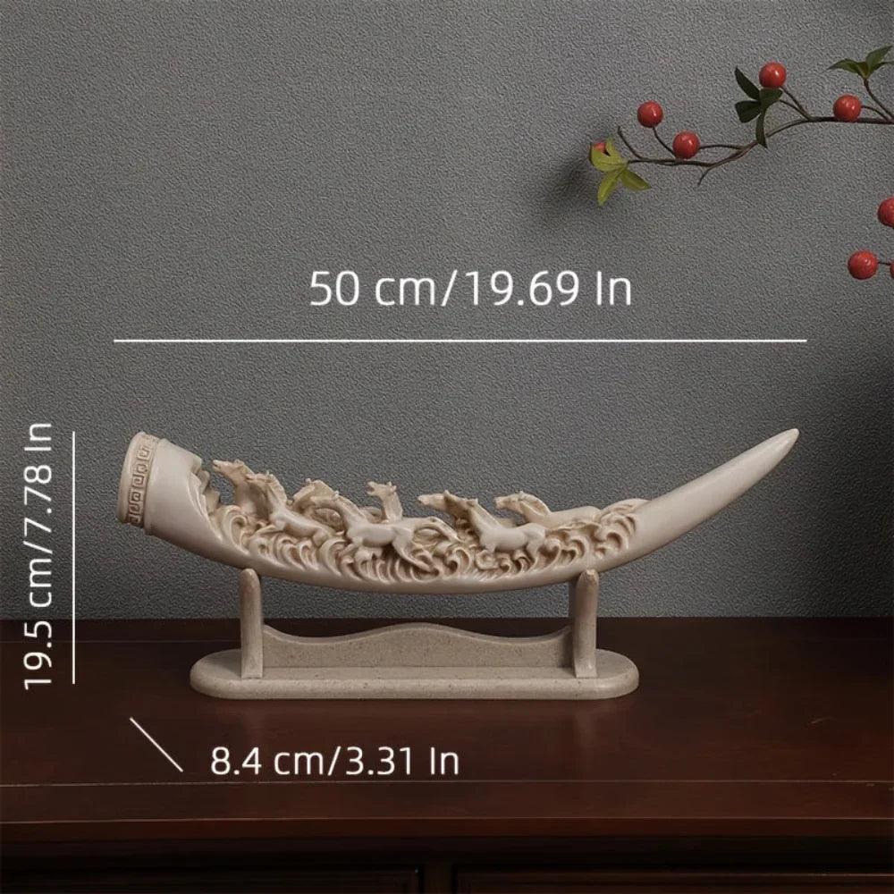 Ivory Resin Running Horses Tusk Sculpture on Stand