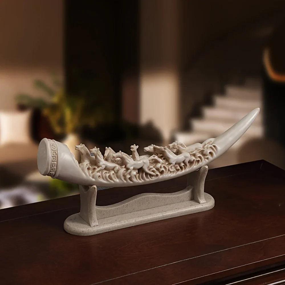 Ivory Resin Running Horses Tusk Sculpture on Stand