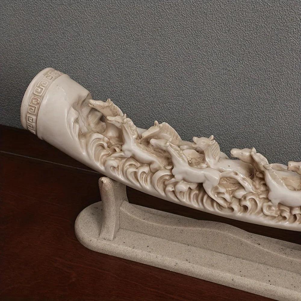 Ivory Resin Running Horses Tusk Sculpture on Stand