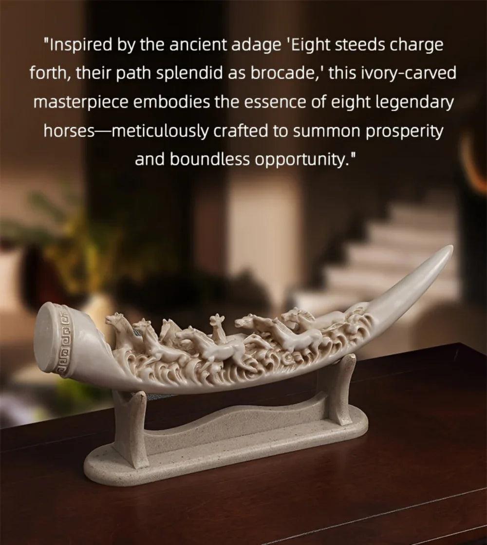 Ivory Resin Running Horses Tusk Sculpture on Stand