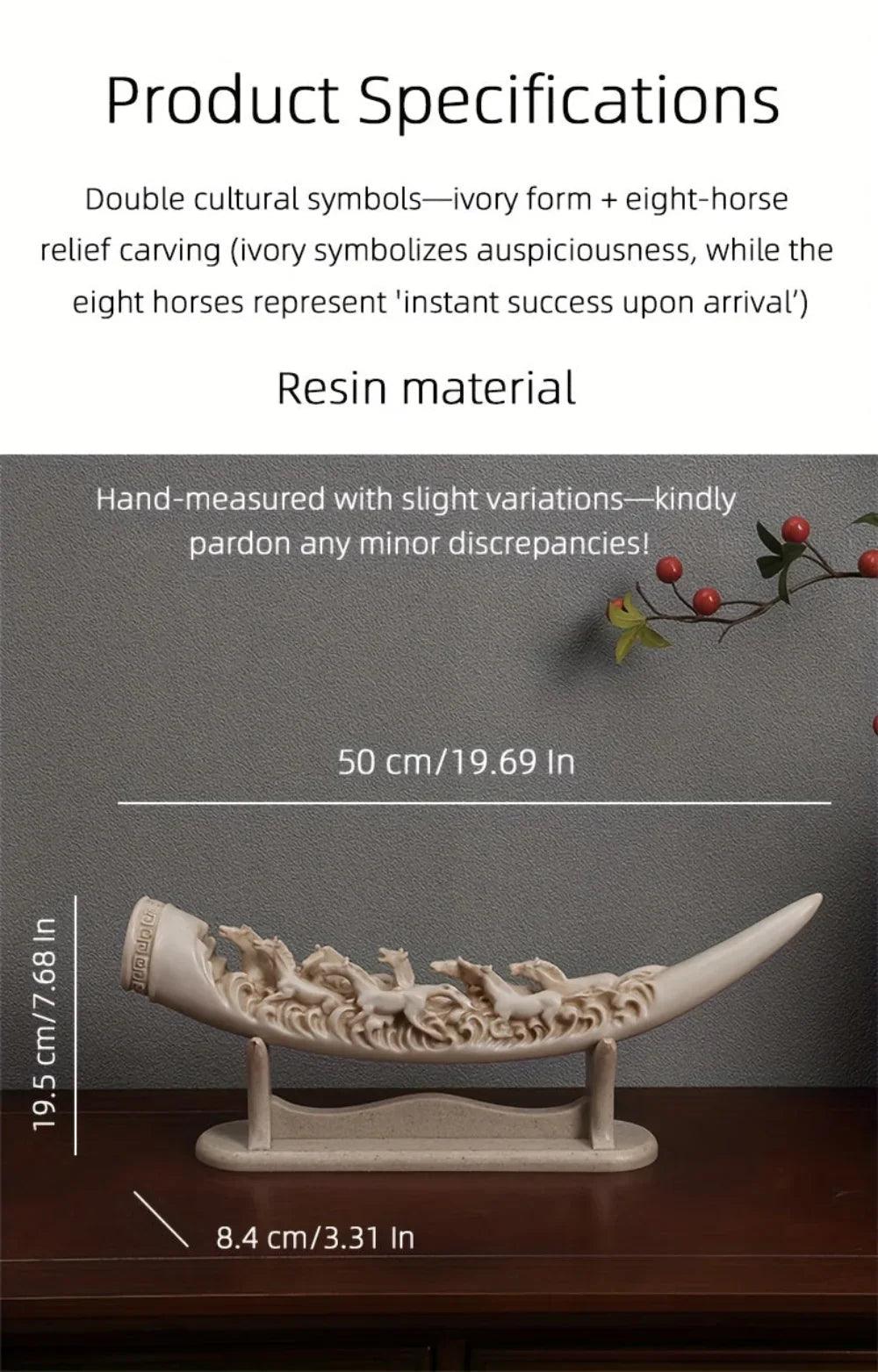 Ivory Resin Running Horses Tusk Sculpture on Stand