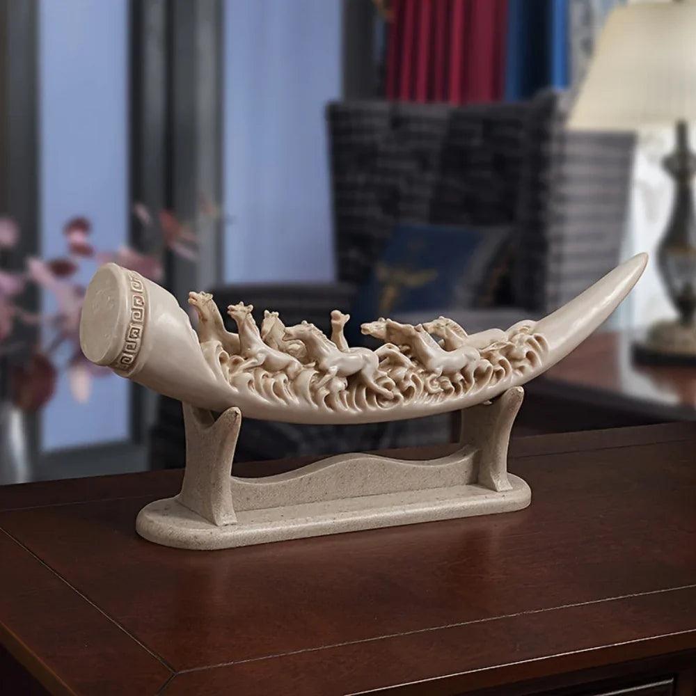 Ivory Resin Running Horses Tusk Sculpture on Stand