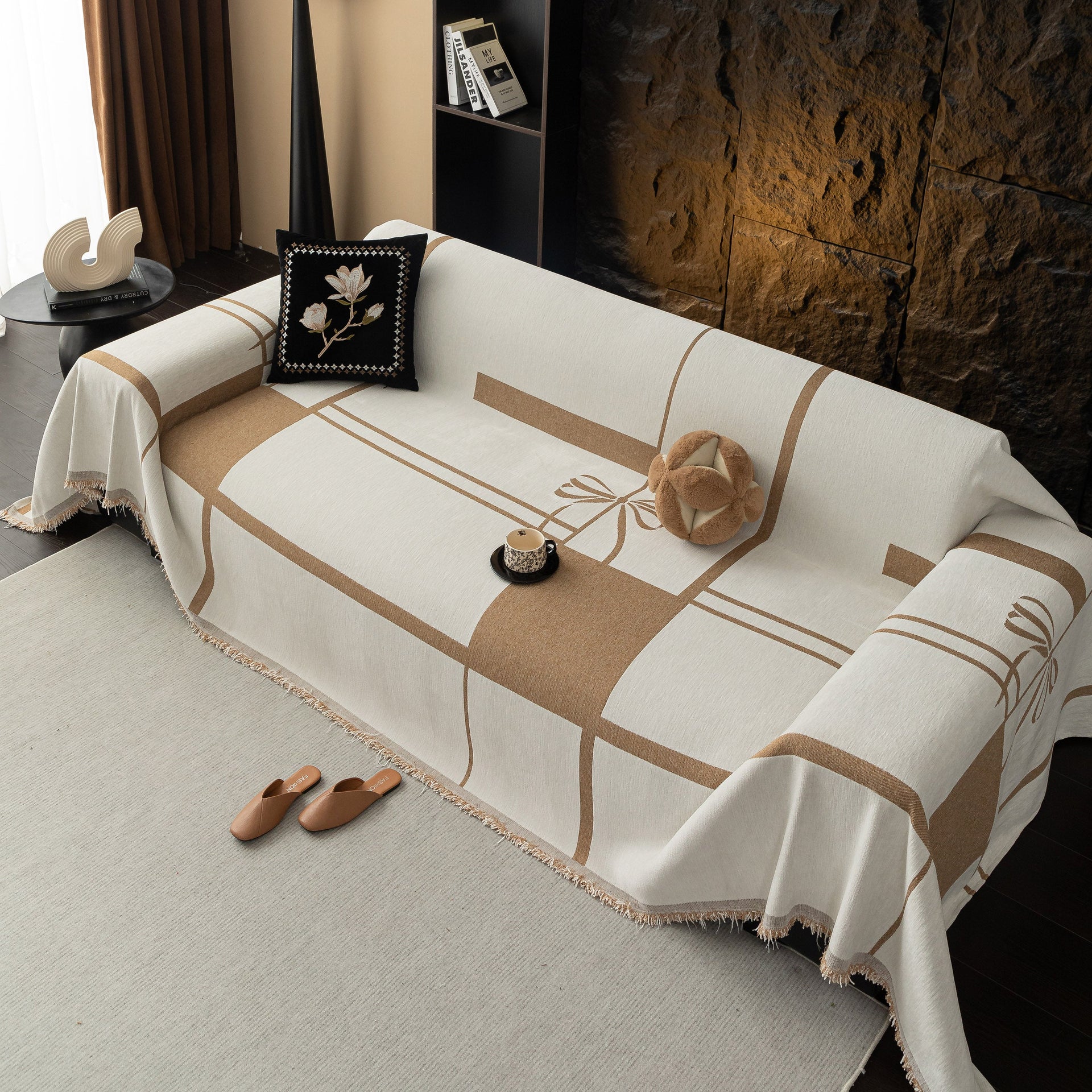 Modern Plaid Heavy Duty Sofa Throw Blanket, Boho Farmhouse Couch Cover with Tassel