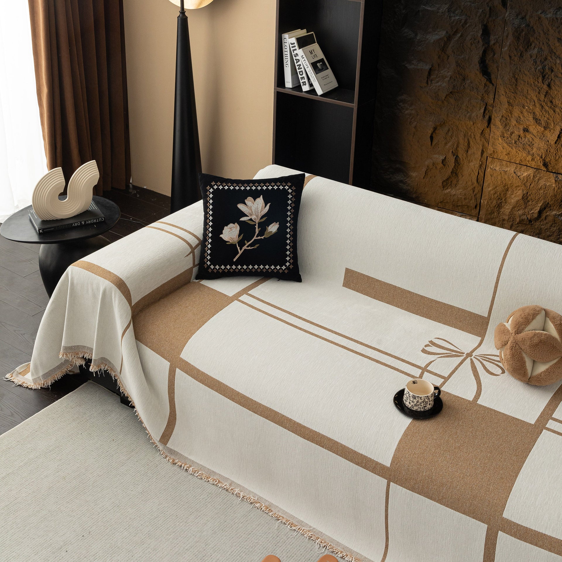 Modern Plaid Heavy Duty Sofa Throw Blanket, Boho Farmhouse Couch Cover with Tassel