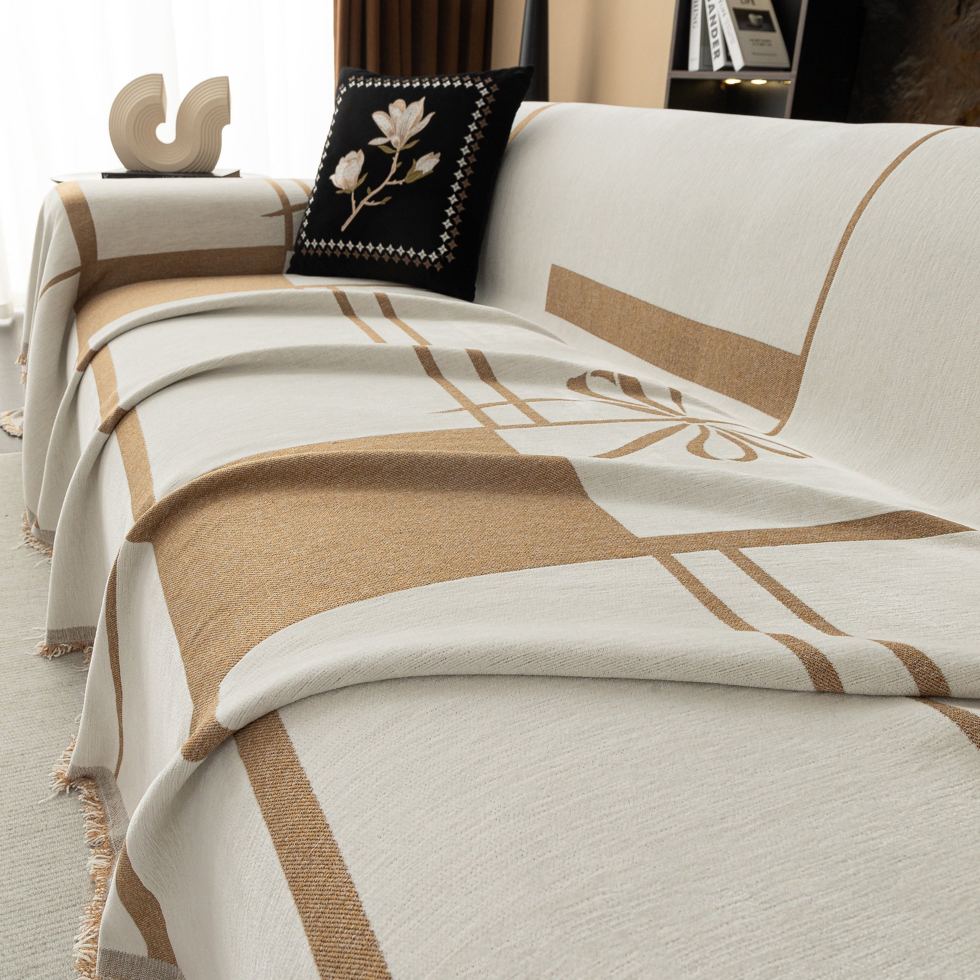 Modern Plaid Heavy Duty Sofa Throw Blanket, Boho Farmhouse Couch Cover with Tassel