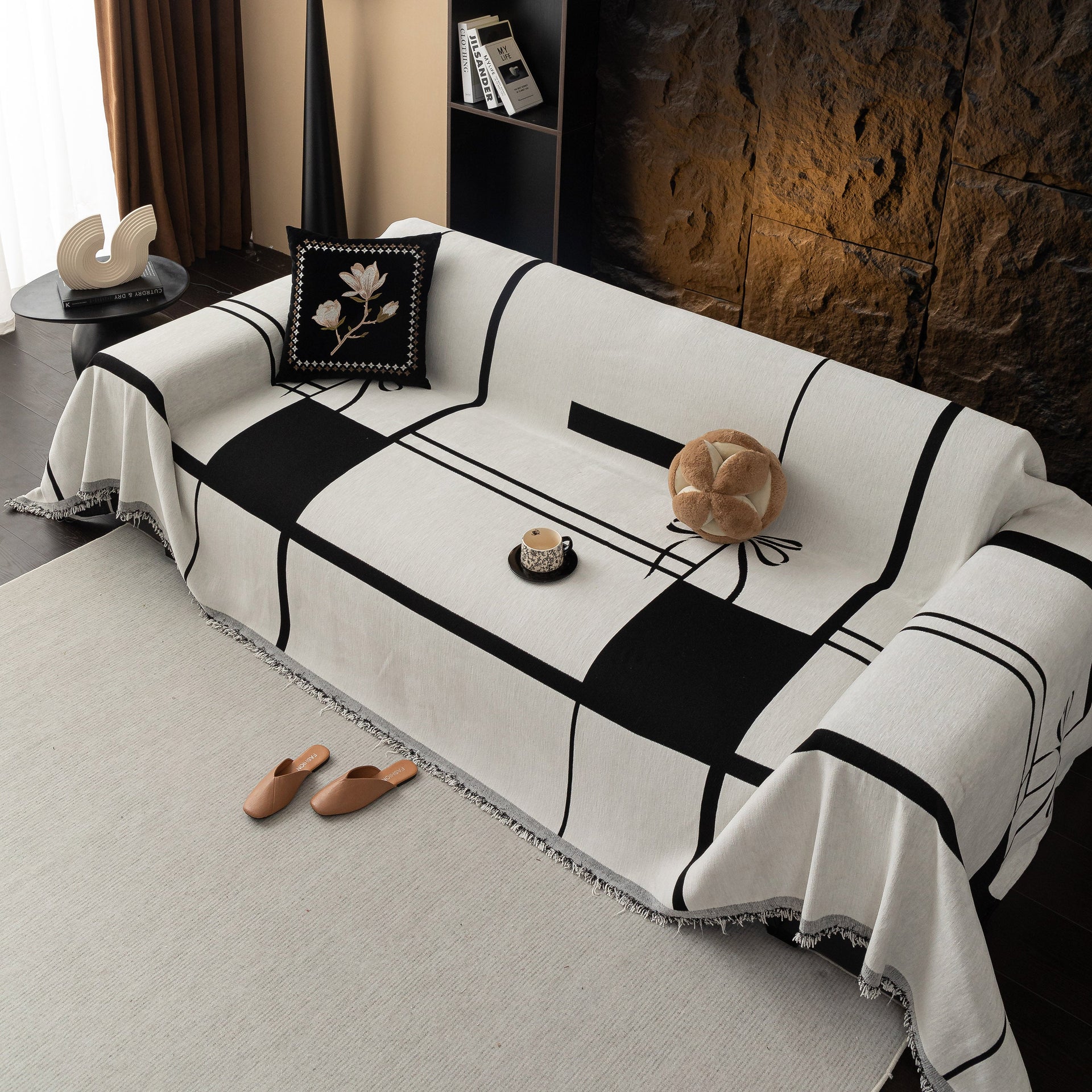 Modern Plaid Heavy Duty Sofa Throw Blanket, Boho Farmhouse Couch Cover with Tassel