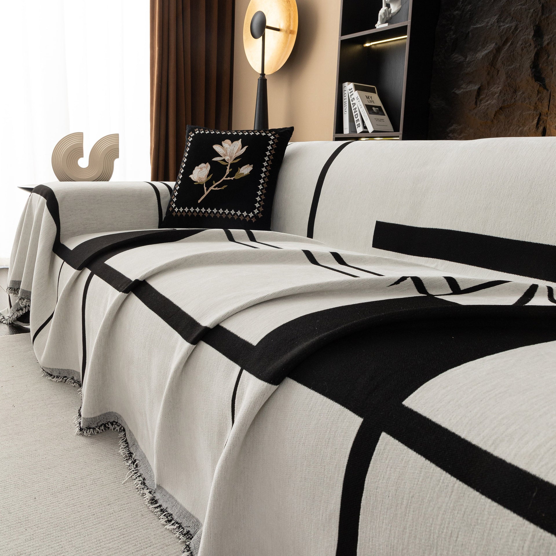 Modern Plaid Heavy Duty Sofa Throw Blanket, Boho Farmhouse Couch Cover with Tassel