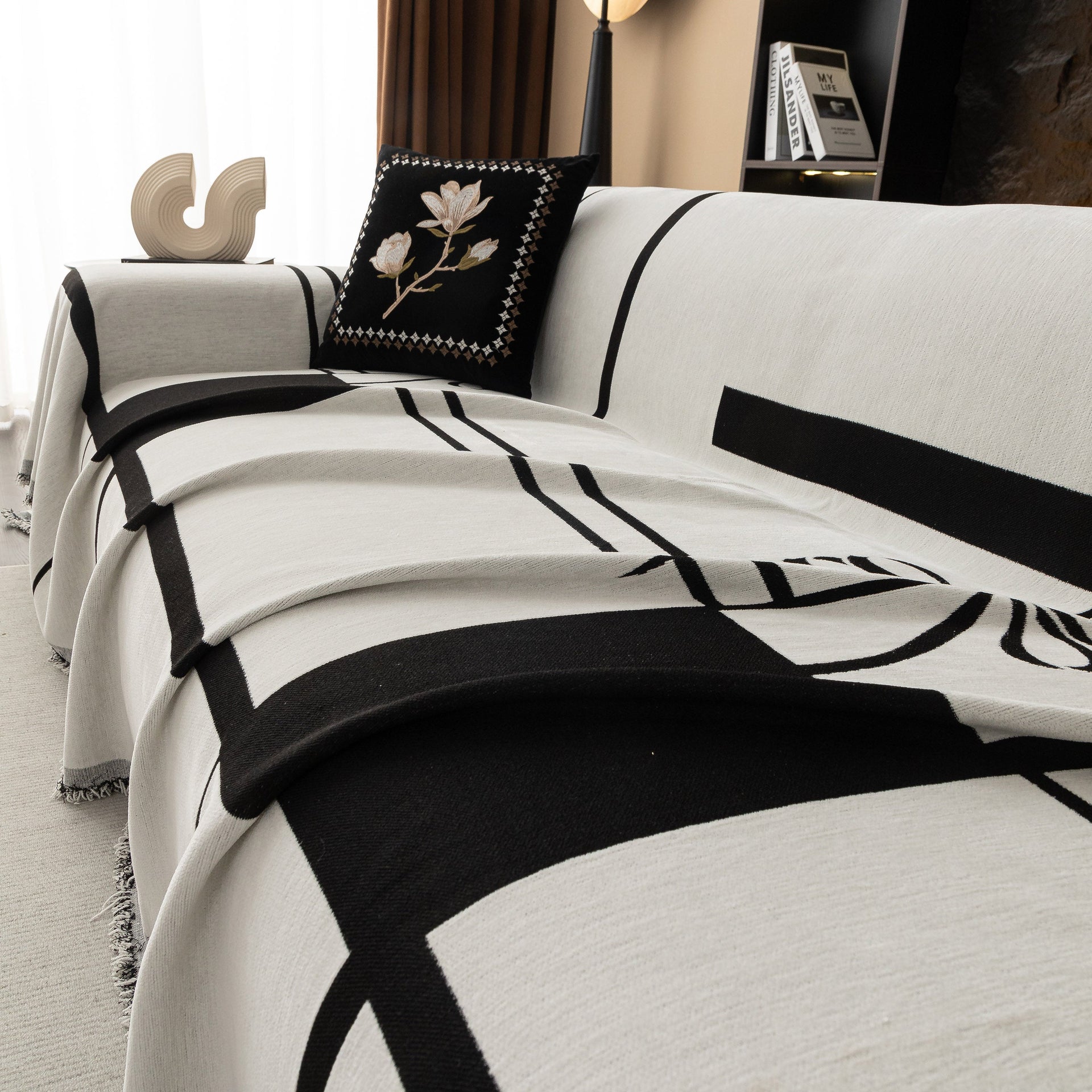 Modern Plaid Heavy Duty Sofa Throw Blanket, Boho Farmhouse Couch Cover with Tassel