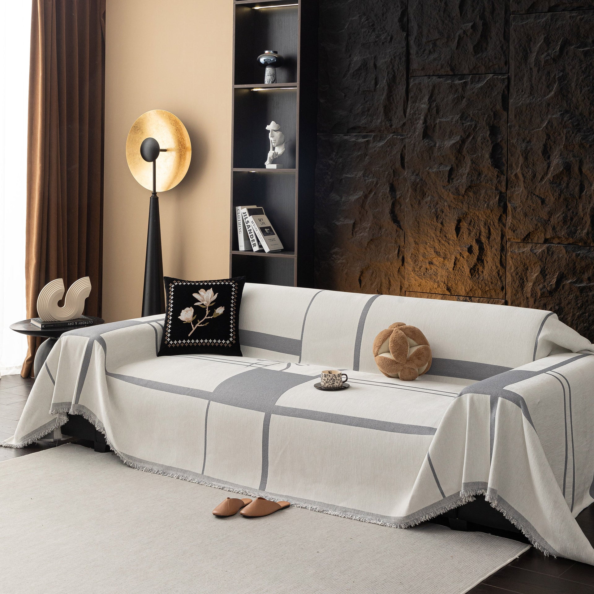 Modern Plaid Heavy Duty Sofa Throw Blanket, Boho Farmhouse Couch Cover with Tassel