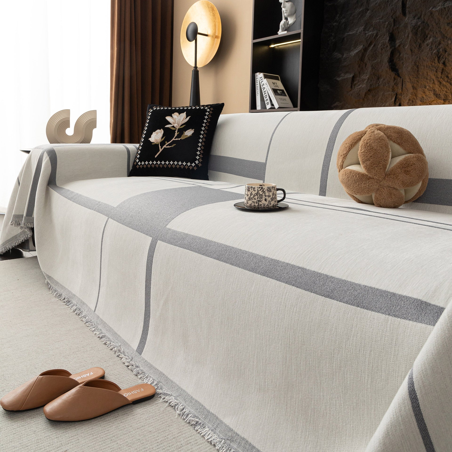 Modern Plaid Heavy Duty Sofa Throw Blanket, Boho Farmhouse Couch Cover with Tassel