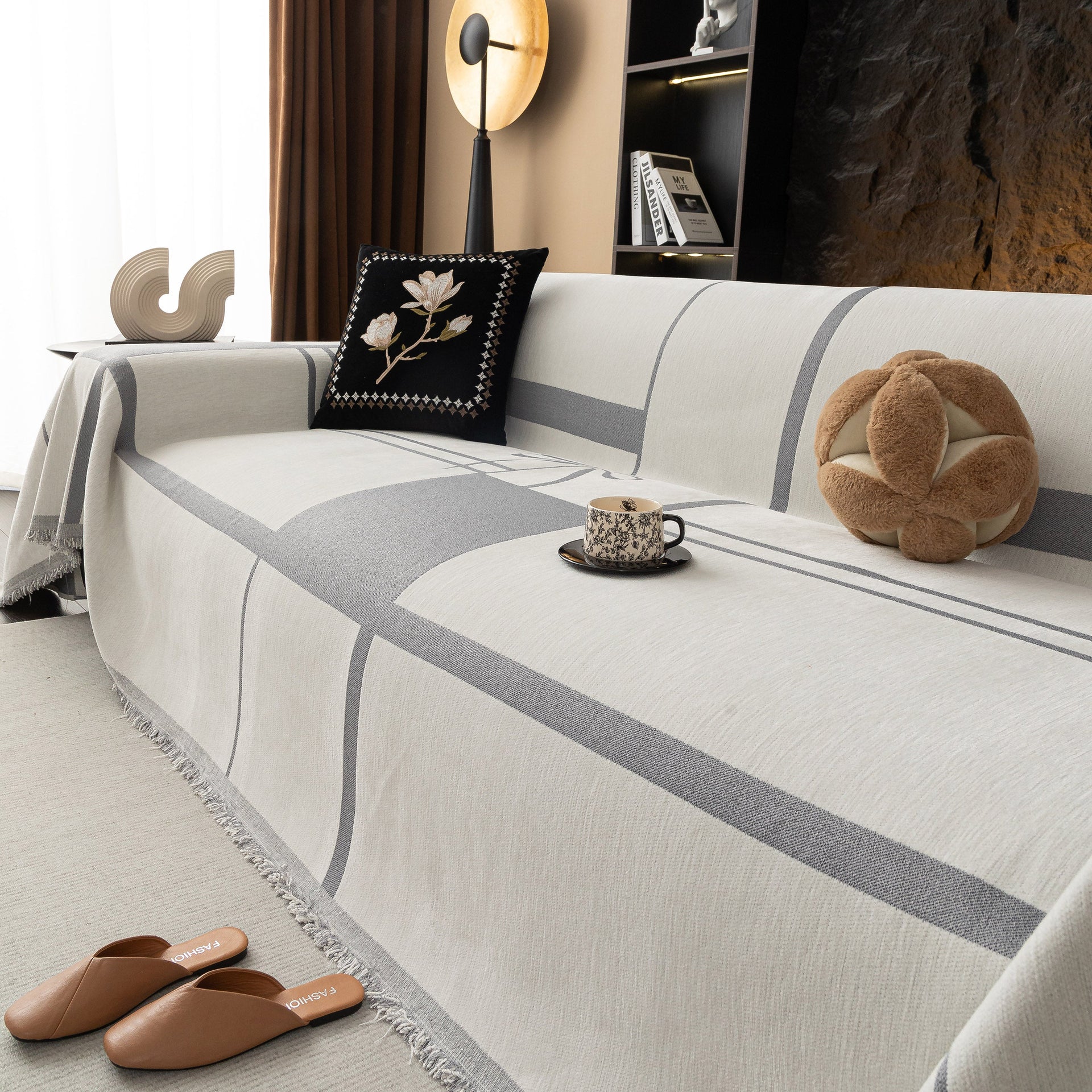 Modern Plaid Heavy Duty Sofa Throw Blanket, Boho Farmhouse Couch Cover with Tassel