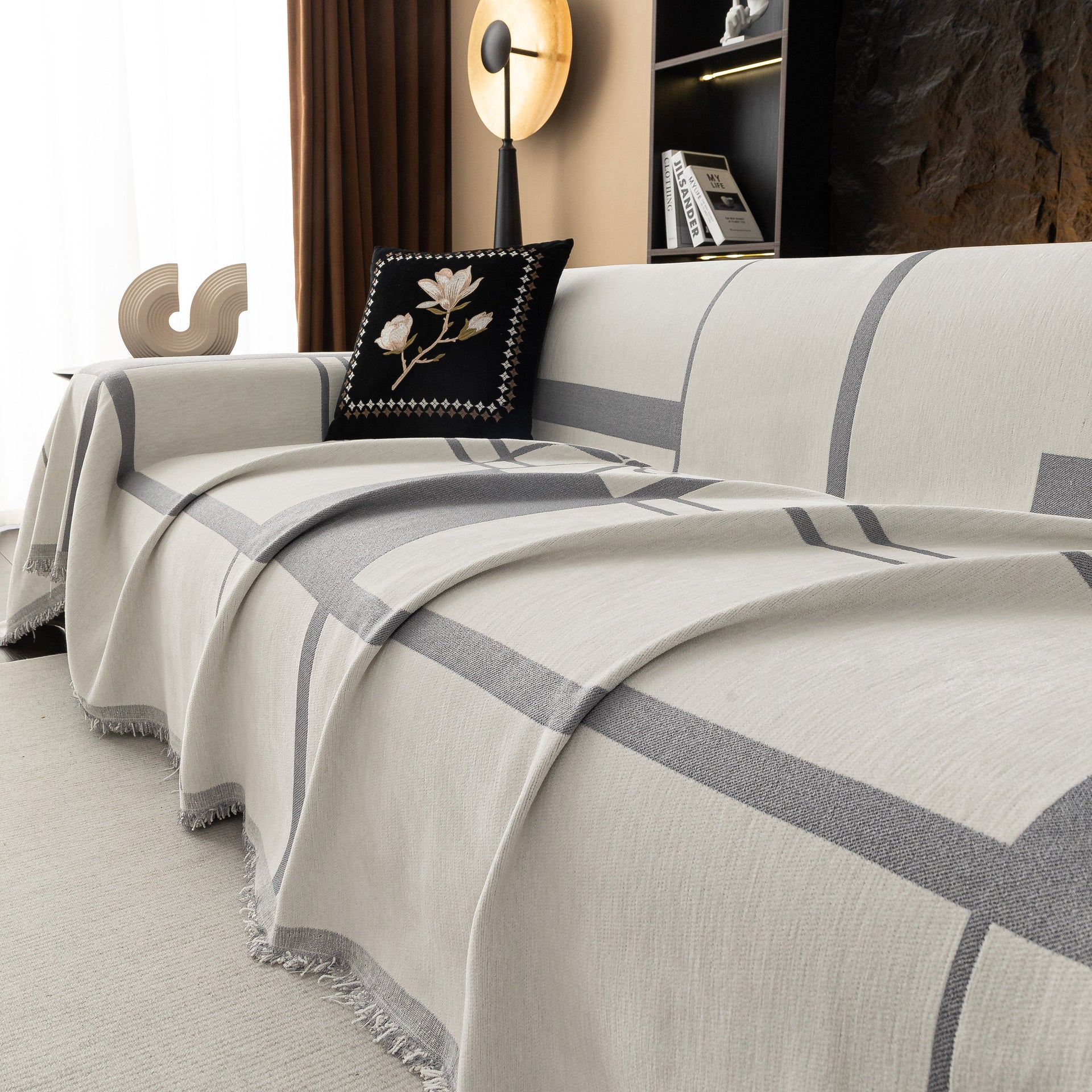 Modern Plaid Heavy Duty Sofa Throw Blanket, Boho Farmhouse Couch Cover with Tassel