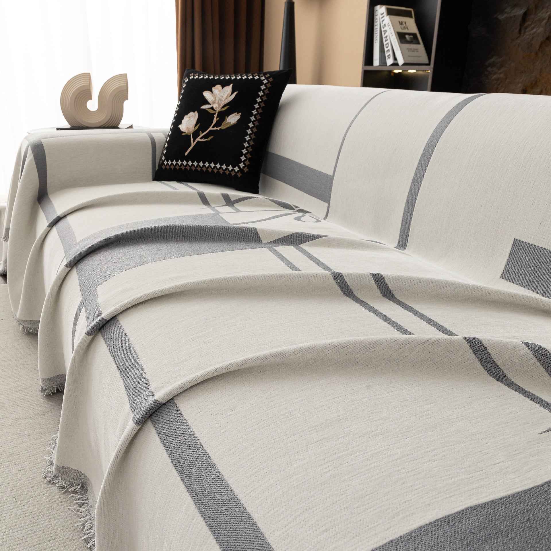 Modern Plaid Heavy Duty Sofa Throw Blanket, Boho Farmhouse Couch Cover with Tassel