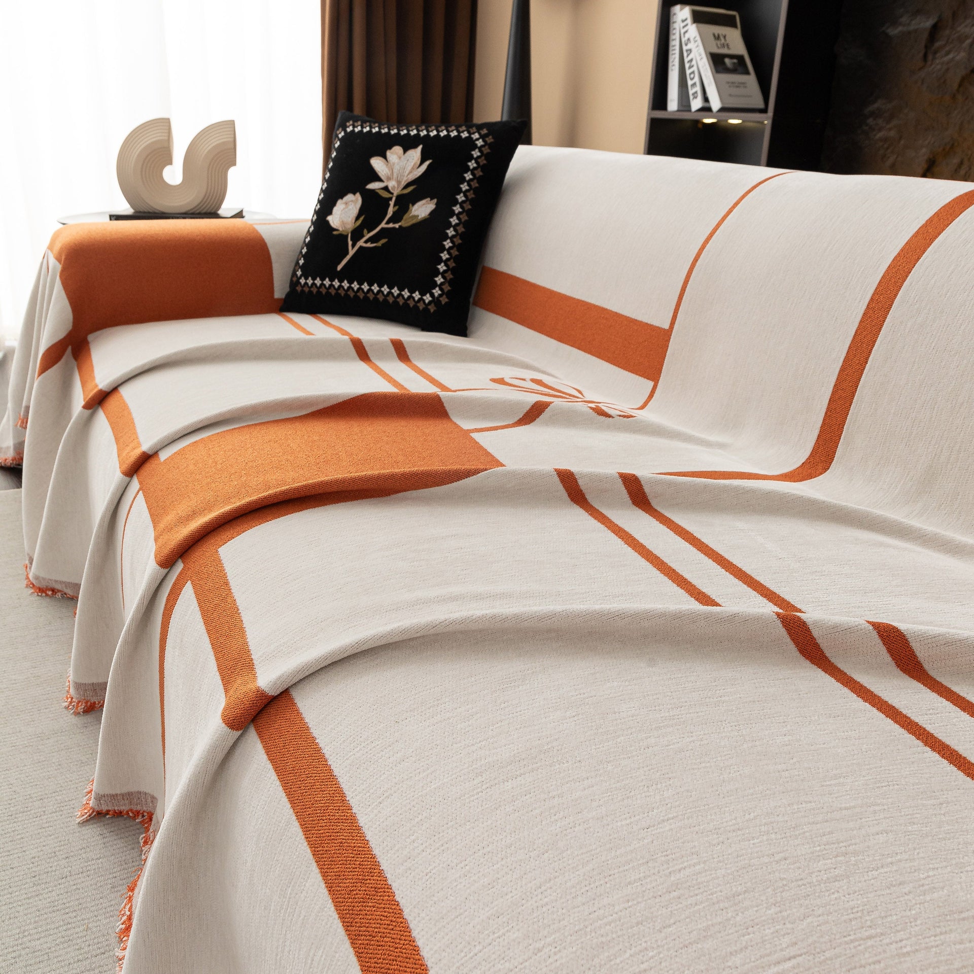 Modern Plaid Heavy Duty Sofa Throw Blanket, Boho Farmhouse Couch Cover with Tassel