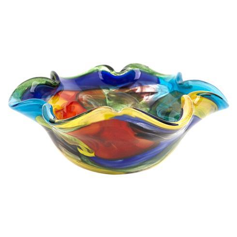 Murano Style Artistic Glass Decor Stormy Rainbow Floppy 8.5” Centerpiece Bowl
