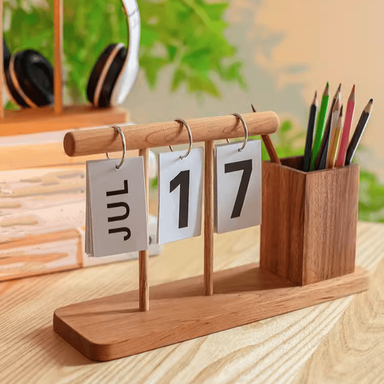 Wooden Desktop Calendar with Pen Holder