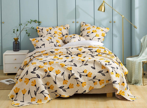DaDa Bed in a Bag Bundle Set - Yellow Fleur Botanical Ivory Tan Floral Bedding Set (18112)