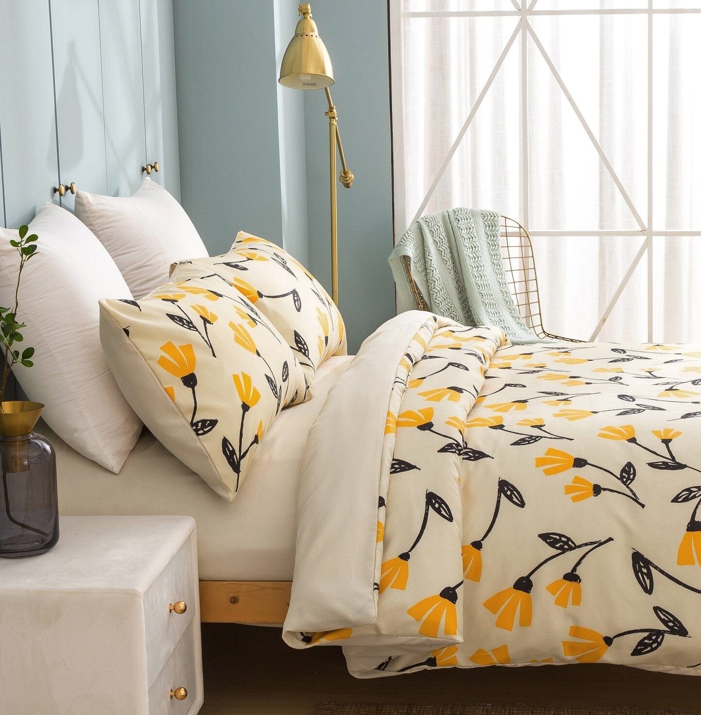 DaDa Bedding Yellow Fleur Golden Orange Botanical Ivory Duvet Cover & Fitted Flat Bed Sheets Set w/ Pillow Cases Window Valances (18112)