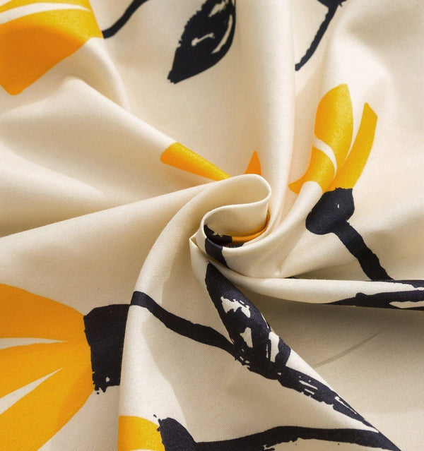 DaDa Bedding Yellow Fleur Golden Orange Floral Ivory Fitted & Flat Bed Sheets Set (18112)