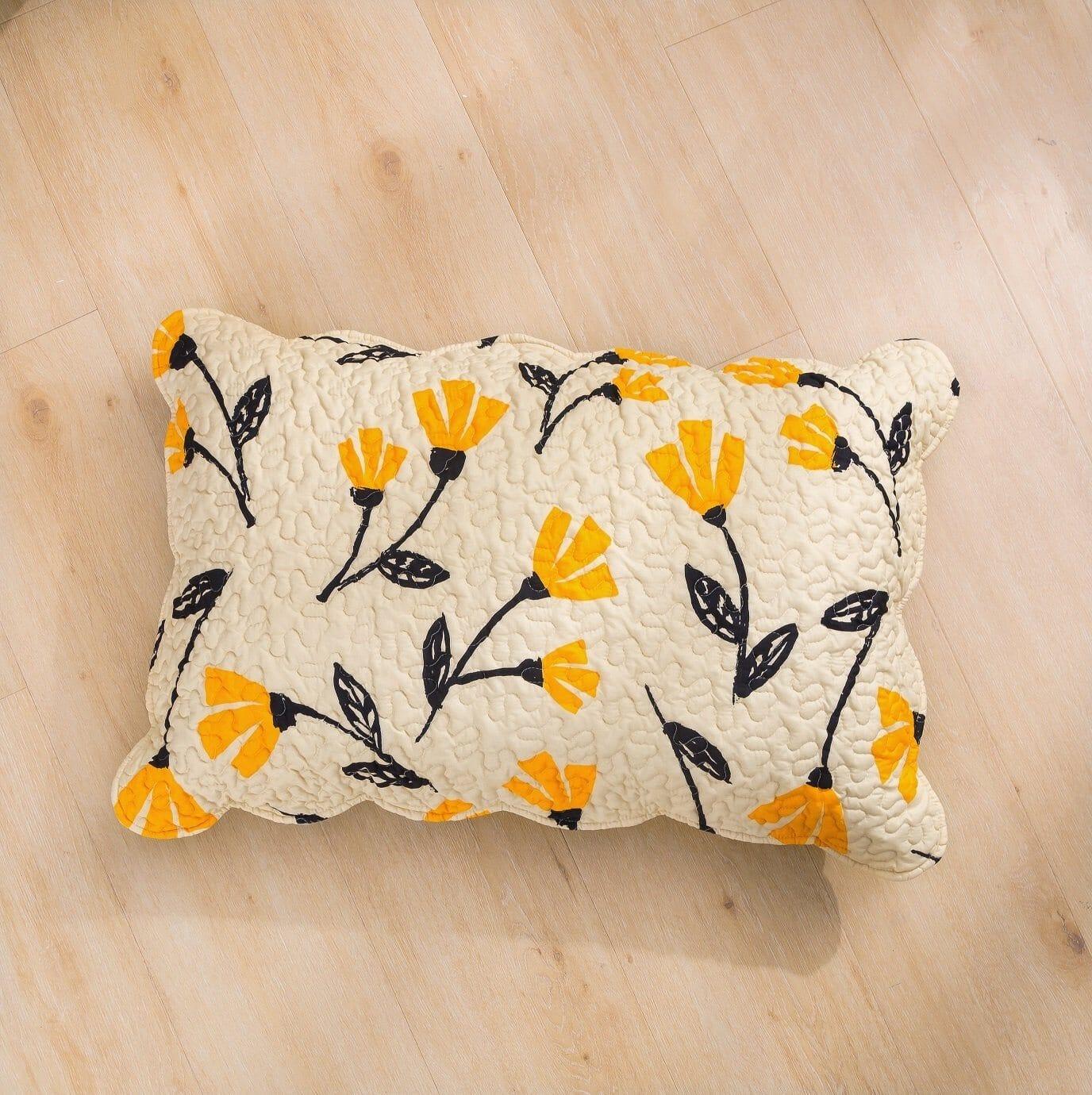 DaDa Bedding Yellow Fleur Floral Golden Orange Ivory Cream Scalloped Bedspread Set (18112)