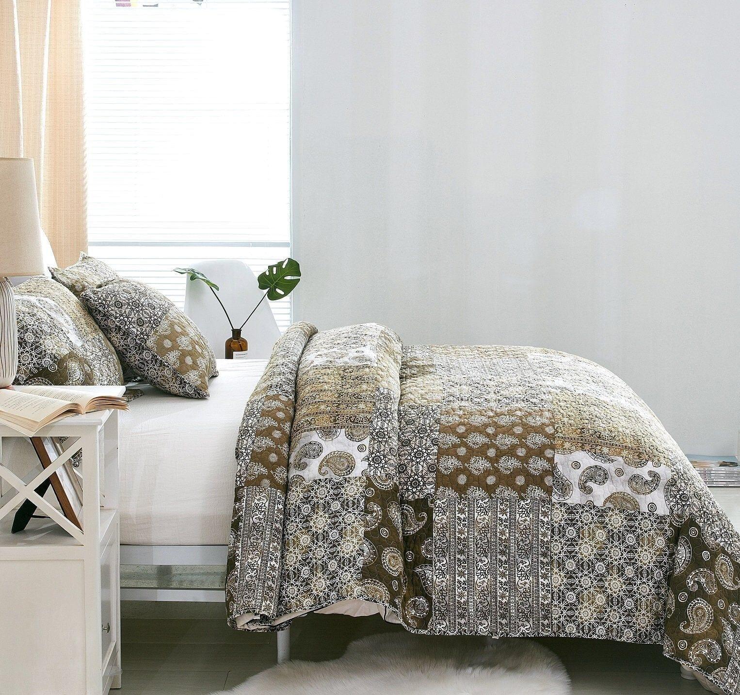 DaDalogy Bedding Bed in a Bag Bundle Set - Bohemian Paisley Dreams Floral Olive Brown Patchwork Bedspread Set (JHW885)