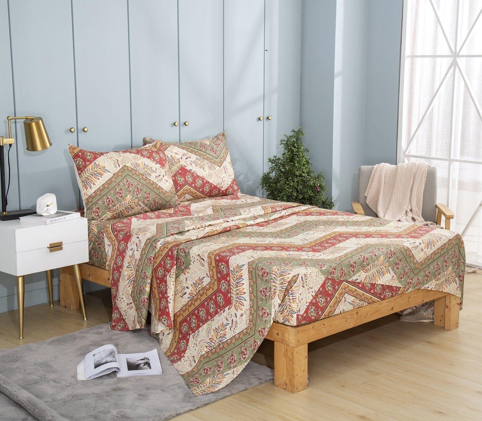 DaDa Bedding Botanical Cranberry Sage Chevron Floral Flat Bed Sheet w/ Pillowcases (JHW-924-Flat)