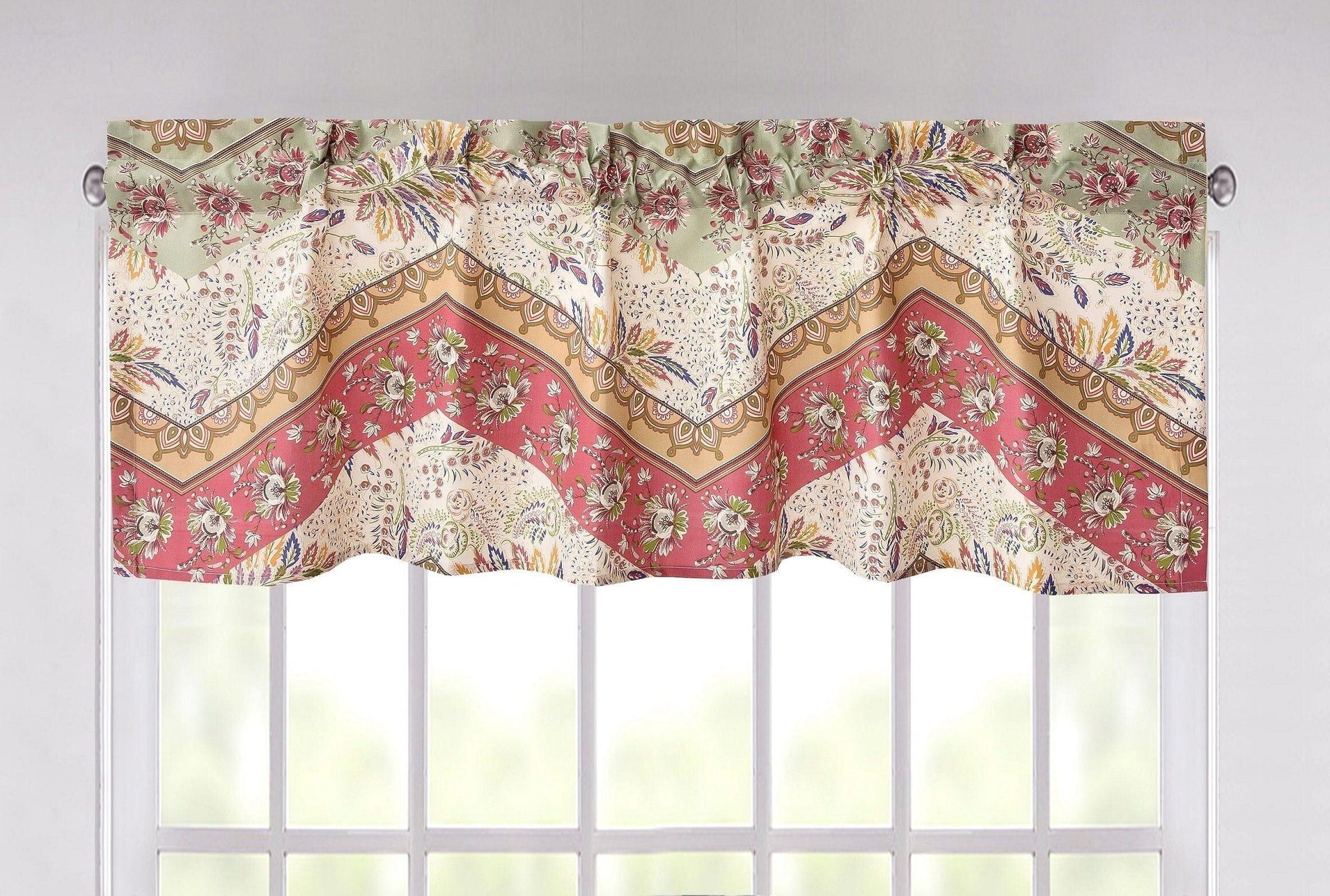 DaDa Bedding Rustic Cranberry Sage Chevron Floral Window Curtain Valance - 18