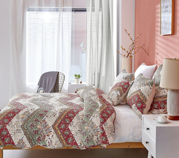 DaDa Bedding Rustic Bohemian Cranberry Sage Chevron Floral Bedspread Set (JHW-924)