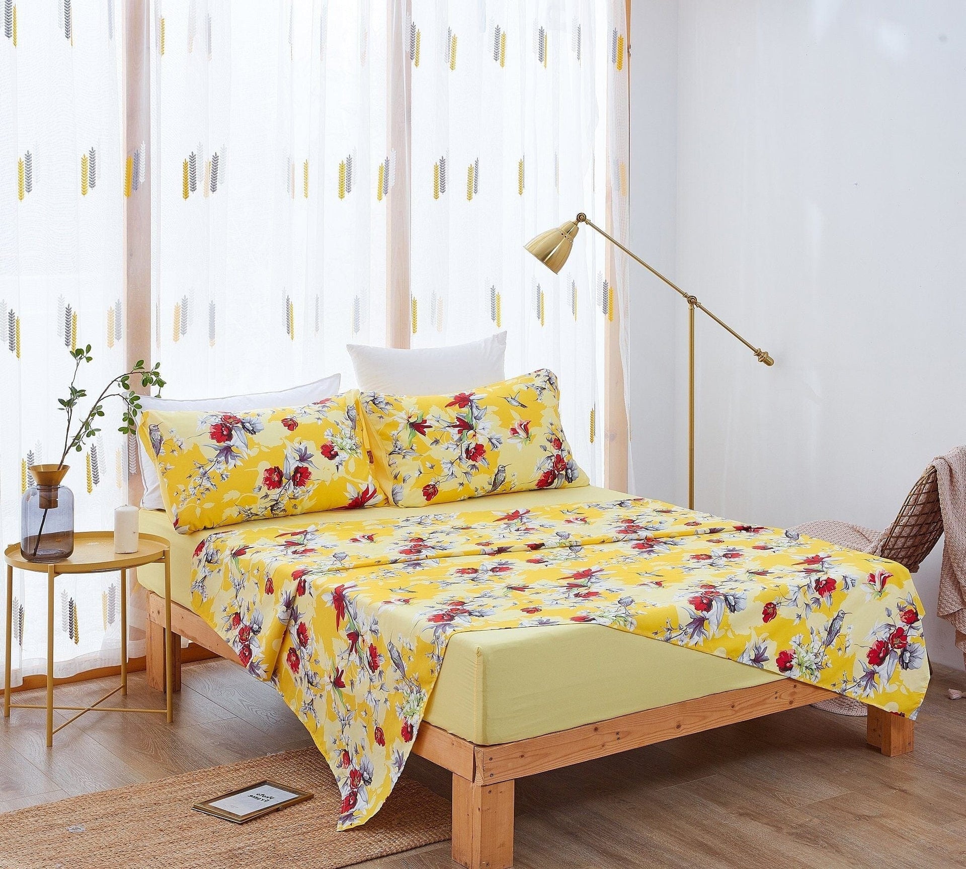 DaDa Bedding Sunshine Yellow Hummingbirds Floral Duvet Cover & Fitted Flat Bed Sheets Set w/ Pillow Cases Window Valances (925)