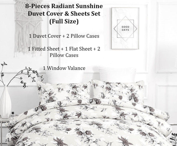 DaDa Bedding Sunshine Yellow Hummingbirds Floral Duvet Cover & Fitted Flat Bed Sheets Set w/ Pillow Cases Window Valances (925)