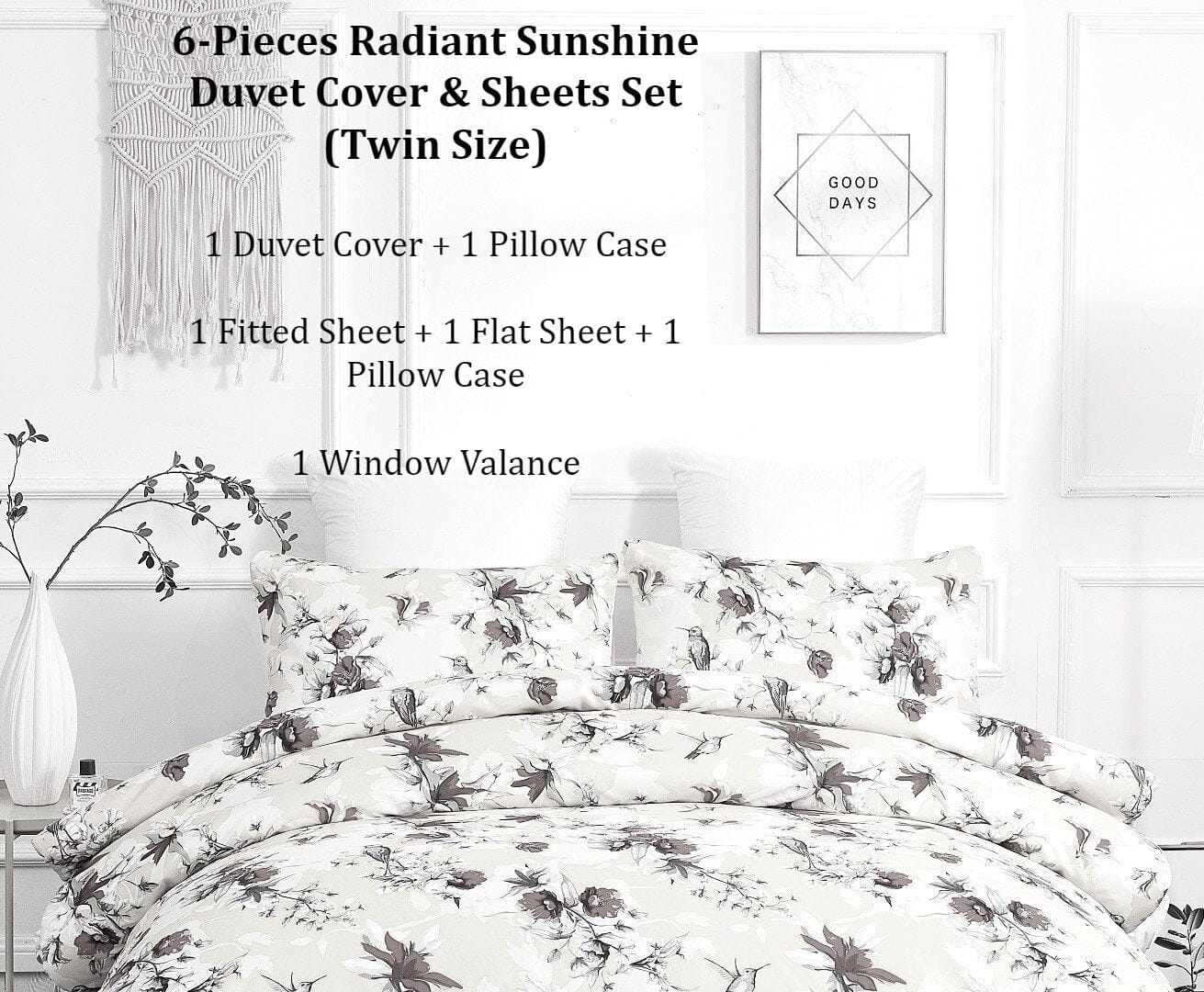 DaDa Bedding Sunshine Yellow Hummingbirds Floral Duvet Cover & Fitted Flat Bed Sheets Set w/ Pillow Cases Window Valances (925)